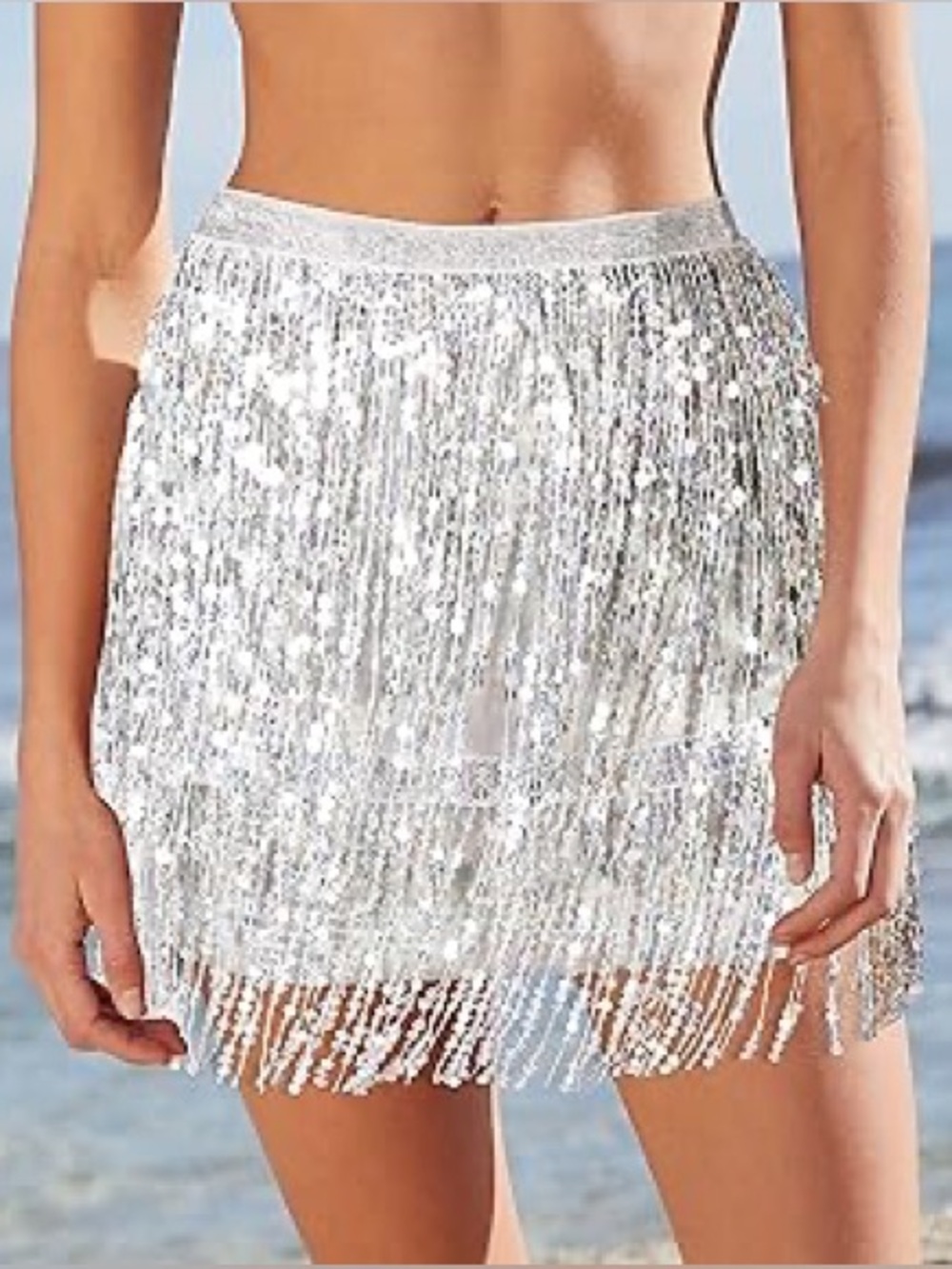 Silver Sequin Fringe Skirt